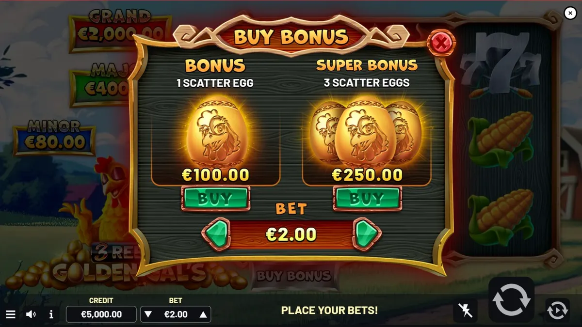 Ayam kartun ceria bernama Goldie memegang telur emas di slot Golden Gal's 3 Reels