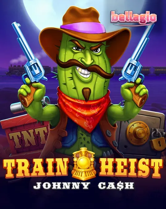 Karakter koboi kaktus Johnny Cash dalam latar belakang petualangan kereta Wild West